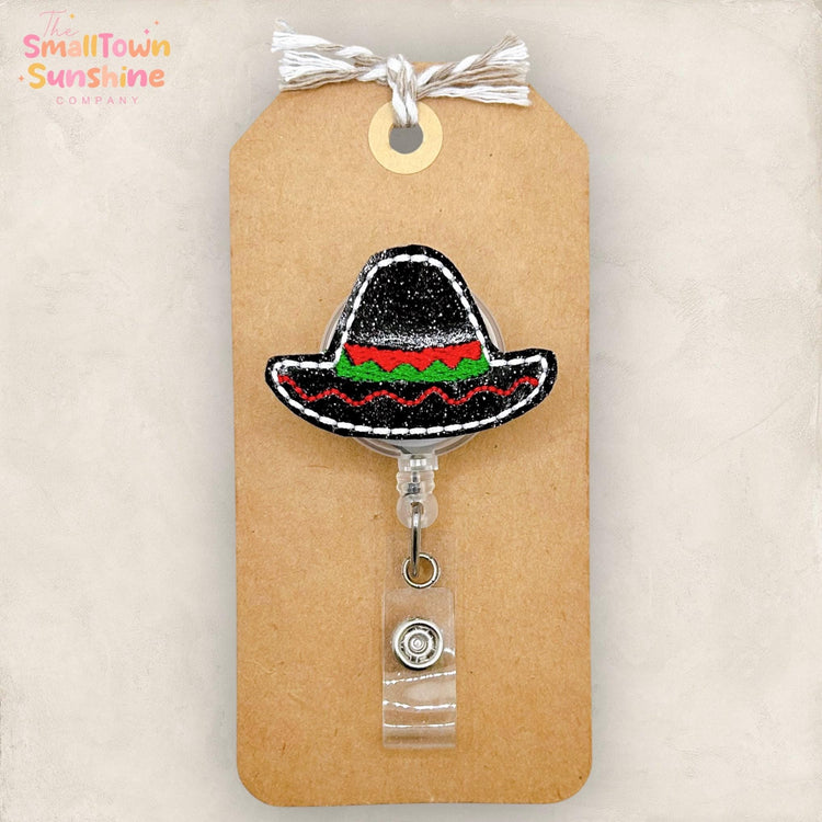 Sombrero Retractable Badge Reel: Cinco De Mayo ID Holder, Name Tag, Topper, Coworker Gift, Lanyard, MRI Safe, Heavy Duty Options | GLITTER