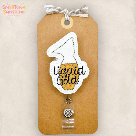 Liquid Gold Retractable Badge Reel: Breast Milk ID Holder, Name Tag, Topper, Coworker Gift, Lanyard, MRI Safe, Heavy Duty Options | GLITTER