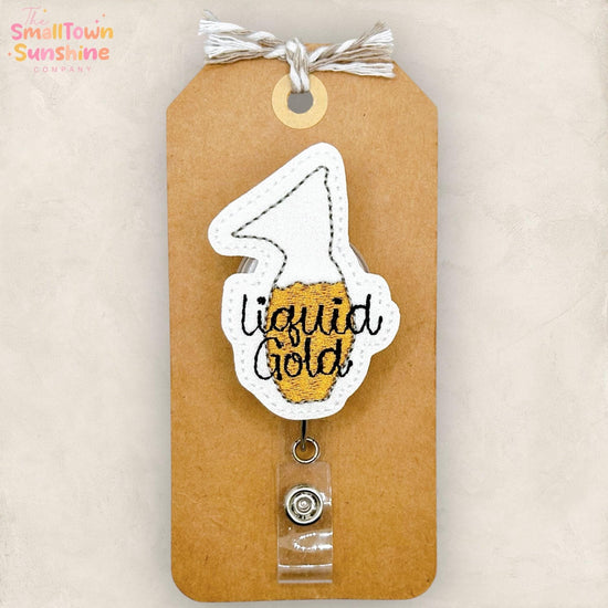 Liquid Gold Retractable Badge Reel: Breast Milk ID Holder, Name Tag, Topper, Coworker Gift, Lanyard, MRI Safe, Heavy Duty Options | GLITTER