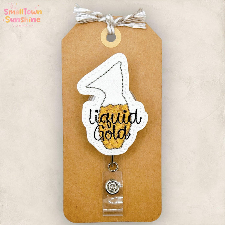 Liquid Gold Retractable Badge Reel: Breast Milk ID Holder, Name Tag, Topper, Coworker Gift, Lanyard, MRI Safe, Heavy Duty Options | GLITTER