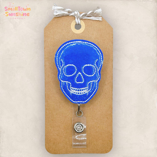 Blue Human Skull Retractable Badge Reel: Medical ID Holder, Name Tag, Topper, Coworker Gift, Lanyard, MRI Safe, Heavy Duty Options