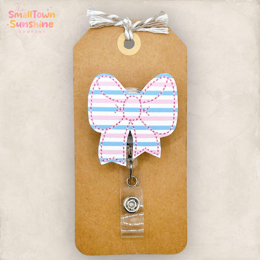 Baby Striped Bow Retractable Badge Reel: Coquette ID Holder, Name Tag, Topper, Coworker Gift, Lanyard, MRI Safe, Heavy Duty Options