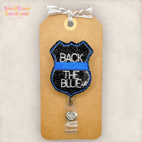 Back the Blue Retractable Badge Reel: Police ID Holder, Name Tag, Topper, Coworker Gift, Lanyard, MRI Safe, Heavy Duty Options | GLITTER