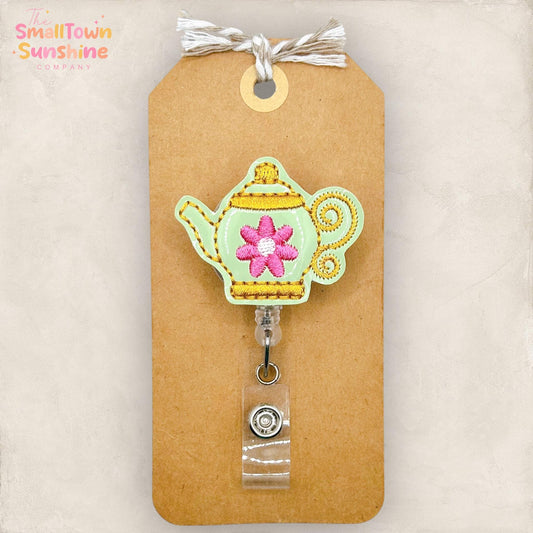 Vintage Teapot Retractable Badge Reel: Tea Lover ID Holder, Name Tag, Swappable Topper, Coworker Gift, Lanyard, MRI Safe, Heavy Duty Options