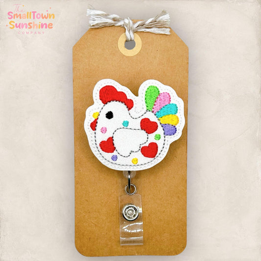 Colorful Hen Retractable Badge Reel: Chicken ID Holder, Name Tag, Topper, Coworker Gift, Lanyard, MRI Safe, Heavy Duty Option | GLITTER