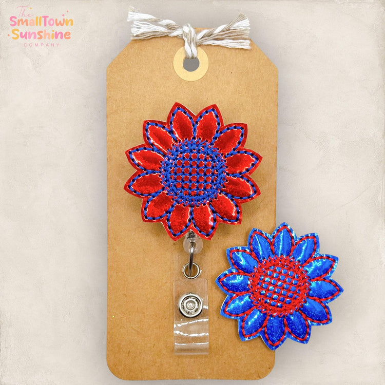 Patriotic Daisy Retractable Badge Reel: Flower ID Holder, Name Tag, Swappable Topper, Coworker Gift, Lanyard, MRI Safe, Heavy Duty Options