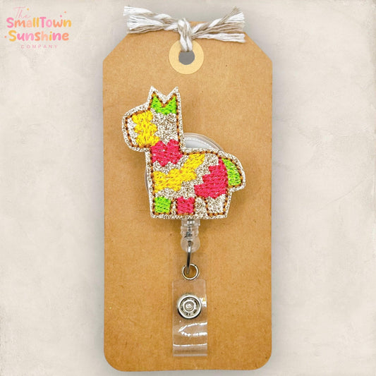 Piñata Retractable Badge Reel: Party ID Holder, Cinco De Mayo Topper, Name Tag, Coworker Gift, Lanyard, MRI Safe, Heavy Duty | GLITTER