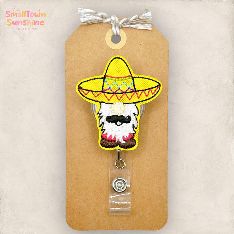 Senor Gnome Retractable Badge Reel: Cinco de Mayo ID Holder, Topper, Name Tag, Coworker Gift, Lanyard, MRI Safe, Heavy Duty Options