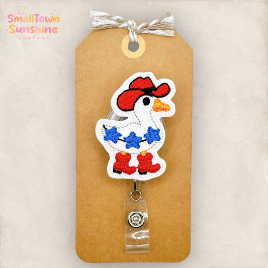Patriotic Cowboy Goose Retractable Badge Reel: July 4th ID Holder, Name Tag, Topper, Coworker Gift, Lanyard, MRI Safe, Heavy Duty | GLITTER