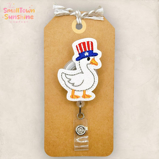 Uncle Sam Goose Retractable Badge Reel: July 4th ID Holder, Name Tag, Topper, Coworker Gift, Lanyard, MRI Safe, Heavy Duty | GLITTER