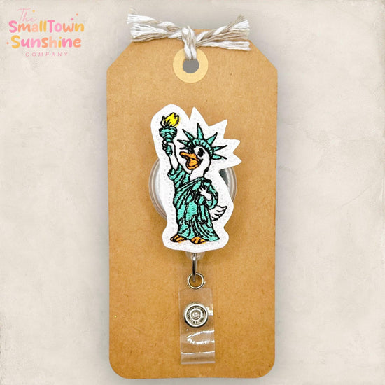 Lady Liberty Goose Retractable Badge Reel: July 4th ID Holder, Name Tag, Topper, Coworker Gift, Lanyard, MRI Safe, Heavy Duty | GLITTER
