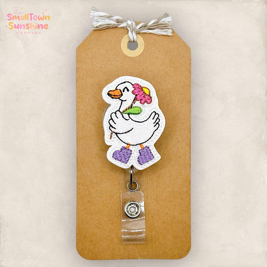 Flower Goose Retractable Badge Reel: Spring ID Holder, Name Tag, Topper, Coworker Gift, Lanyard, MRI Safe, Heavy Duty Options | GLITTER