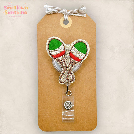 Maracas Retractable Badge Reel: Cinco De Mayo ID Holder, Name Tag, Topper, Coworker Gift, Lanyard, MRI Safe, Heavy Duty Options | GLITTER