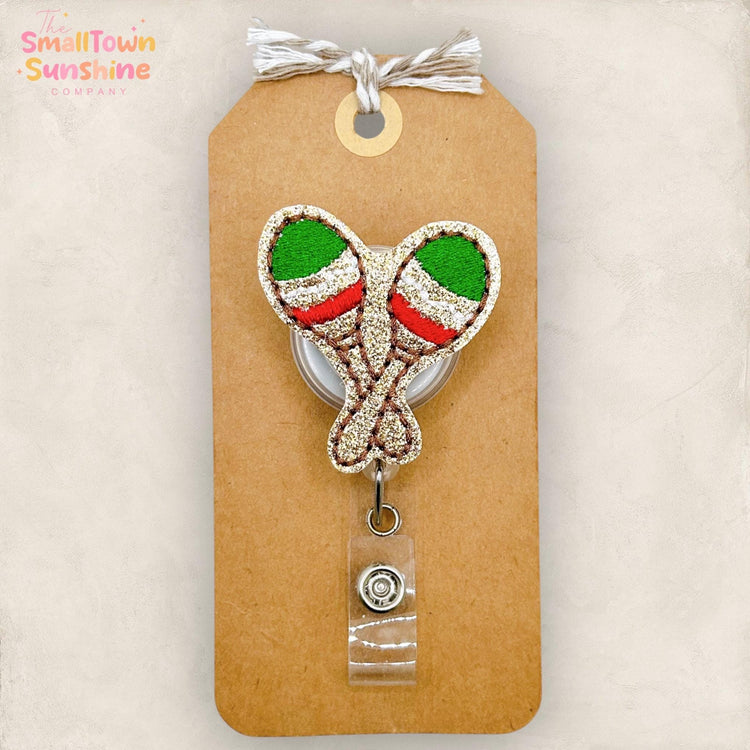 Maracas Retractable Badge Reel: Cinco De Mayo ID Holder, Name Tag, Topper, Coworker Gift, Lanyard, MRI Safe, Heavy Duty Options | GLITTER