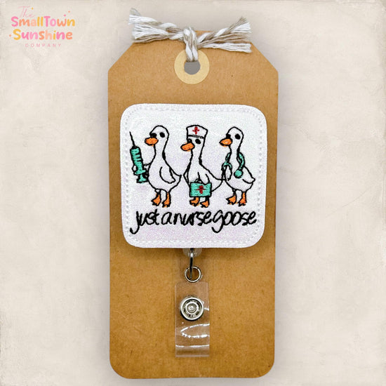 Just a Nurse Goose Retractable Badge Reel: ID Holder, Name Tag, Topper, Coworker Gift, Lanyard, MRI Safe, Heavy Duty Options | GLITTER