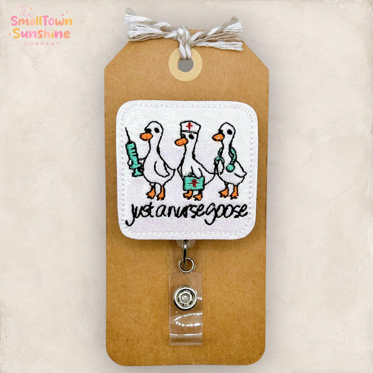 Just a Nurse Goose Retractable Badge Reel: ID Holder, Name Tag, Topper, Coworker Gift, Lanyard, MRI Safe, Heavy Duty Options | GLITTER