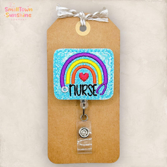 Stethoscope Rainbow Retractable Badge Reel: Nurse ID Holder, Name Tag, Topper, Coworker Gift, Lanyard, MRI Safe, Heavy Duty Option | GLITTER