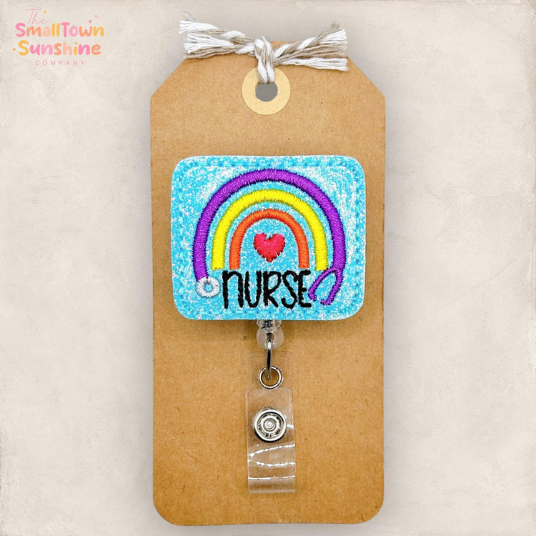 Stethoscope Rainbow Retractable Badge Reel: Nurse ID Holder, Name Tag, Topper, Coworker Gift, Lanyard, MRI Safe, Heavy Duty Option | GLITTER