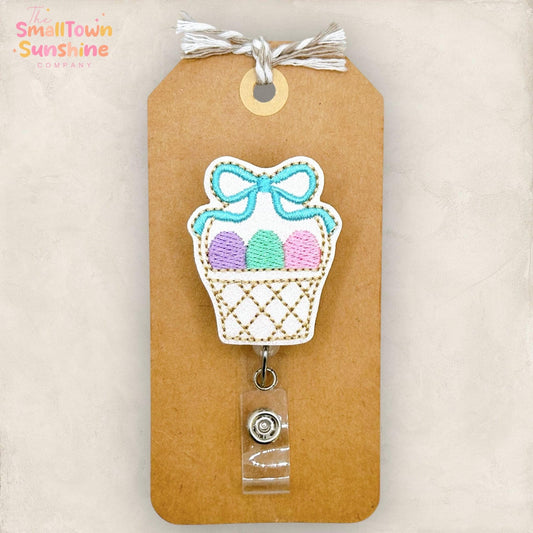 Vintage Easter Basket Retractable Badge Reel: ID Holder, Name Tag, Topper, Coworker Gift, Lanyard, MRI Safe, Heavy Duty Options | GLITTER