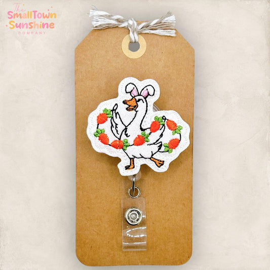 Easter Carrot Goose Retractable Badge Reel: ID Holder, Name Tag, Topper, Coworker Gift, Lanyard, MRI Safe, Heavy Duty Options | GLITTER