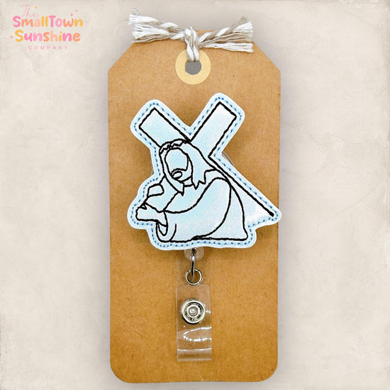 Jesus Carrying Cross Retractable Badge Reel: Easter ID Holder, Name Tag, Topper, Coworker Gift, Lanyard, MRI Safe, Heavy Duty Options