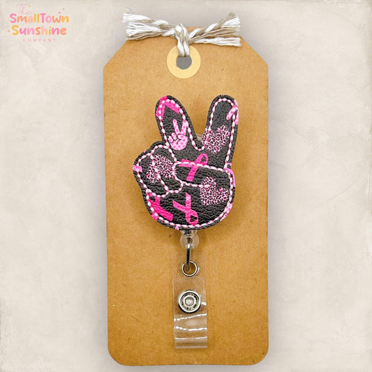 Breast Cancer Peace Fingers Retractable Badge Reel: Oncology Nurse ID Holder, Name Tag, Topper, Coworker Gift, Lanyard, MRI Safe, Heavy Duty