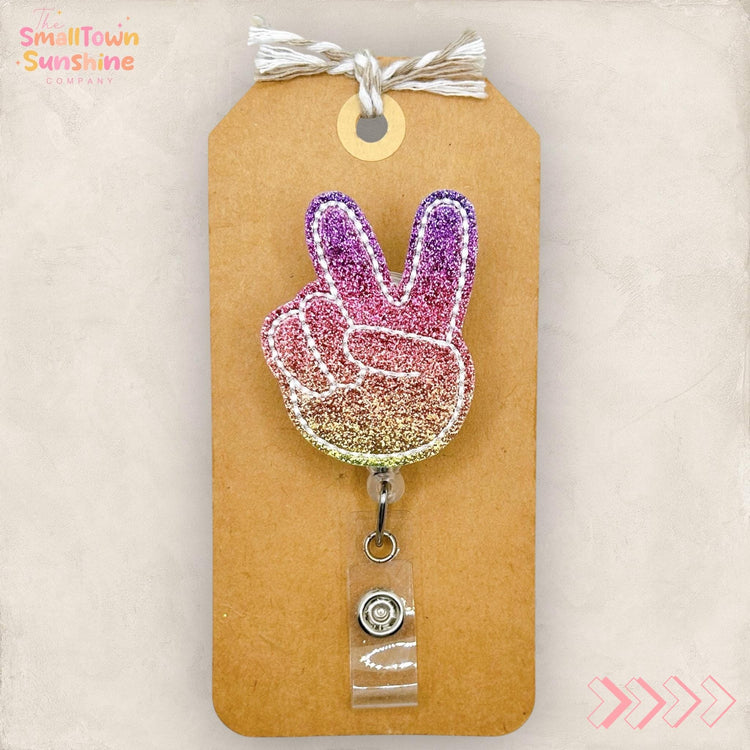 Ombre Rainbow Peace Fingers Retractable Badge Reel: ID Holder, Name Tag, Topper, Coworker Gift, Lanyard, MRI Safe, Heavy Duty | GLITTER