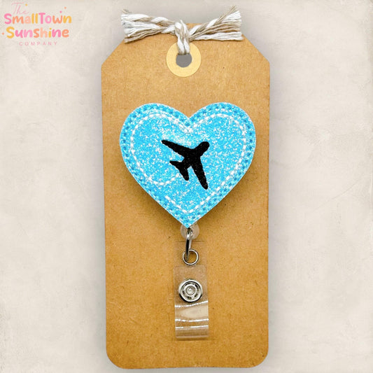 Airplane Heart Retractable Badge Reel: Travel RN Id Holder, Name Tag, Topper, Coworker Gift, Lanyard, MRI Safe, Heavy Duty Option | GLITTER