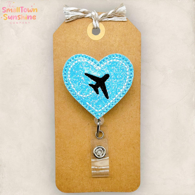Airplane Heart Retractable Badge Reel: Travel RN Id Holder, Name Tag, Topper, Coworker Gift, Lanyard, MRI Safe, Heavy Duty Option | GLITTER