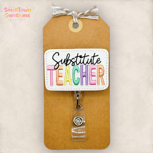 Substitute Teacher Retractable Badge Reel: ID Holder, Name Tag, Topper, Coworker Gift, Lanyard, MRI Safe, Heavy Duty Options | GLITTER