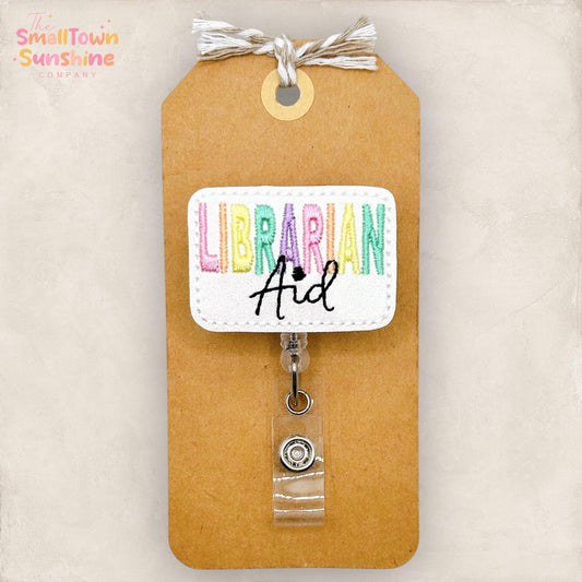 Librarian Aide Retractable Badge Reel: Library ID Holder, Name Tag, Topper, Coworker Gift, Lanyard, MRI Safe, Heavy Duty Options | GLITTER