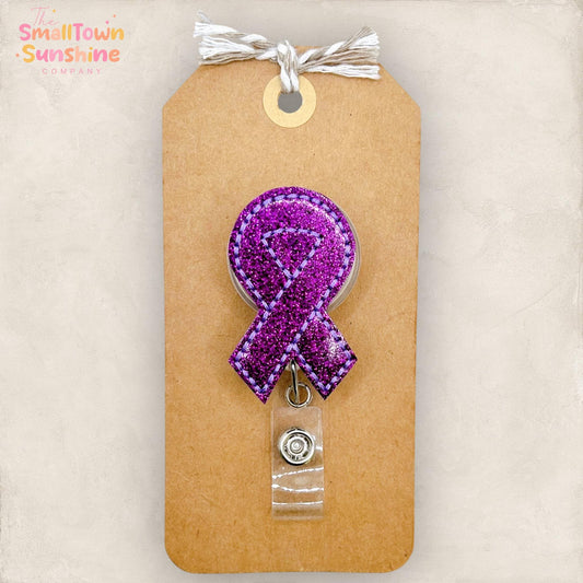 Epilepsy Ribbon Retractable Badge Reel: Alzheimer’s ID Holder, Name Tag, Topper, Coworker Gift, MRI Safe, Heavy Duty Options | GLITTER