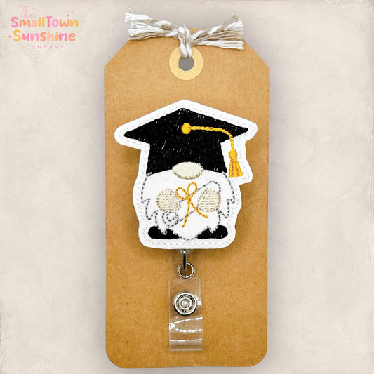Graduation Gnome Retractable Badge Reel: School ID Holder, Name Tag, Topper, Coworker Gift, Lanyard, MRI Safe, Heavy Duty | GLITTER