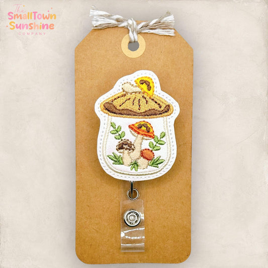 Vintage Mushroom Canister Retractable Badge Reel: ID Holder, Name Tag, Swappable Topper, Coworker Gift, Lanyard, MRI Safe, Heavy Duty Option