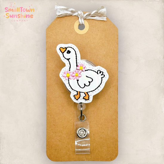 Pink Flower Goose Retractable Badge Reel: White Bird ID Holder, Name Tag, Topper, Coworker Gift, Lanyard, MRI Safe, Heavy Duty Option