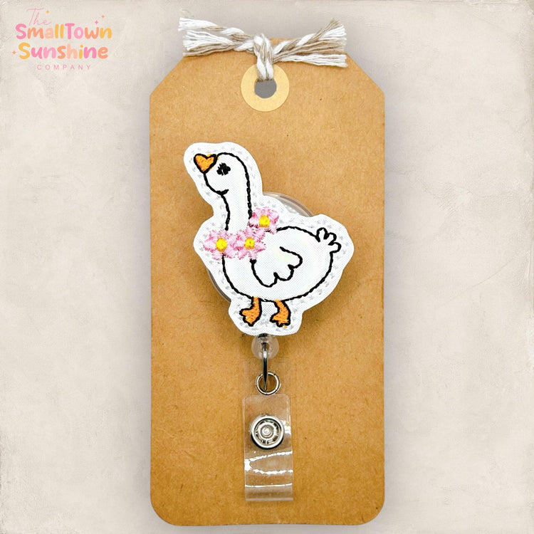 Pink Flower Goose Retractable Badge Reel: White Bird ID Holder, Name Tag, Topper, Coworker Gift, Lanyard, MRI Safe, Heavy Duty Option