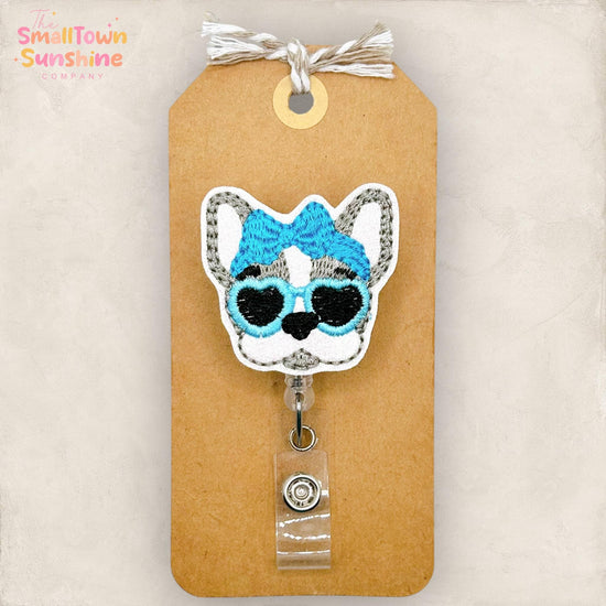 French Bulldog Retractable Badge Reel: Summer Frenchie ID Holder, Name Tag, Topper, Coworker Gift, Lanyard, MRI Safe, Heavy Duty | GLITTER