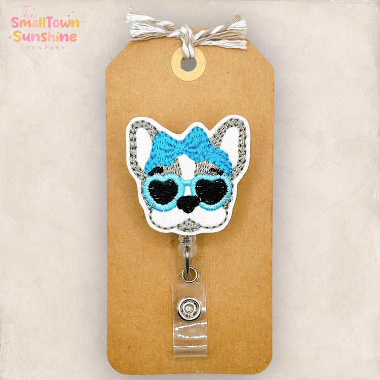 French Bulldog Retractable Badge Reel: Summer Frenchie ID Holder, Name Tag, Topper, Coworker Gift, Lanyard, MRI Safe, Heavy Duty | GLITTER