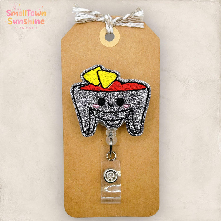 Molcajete Bowl Retractable Badge Reel: Chips & Salsa ID Holder, Name Tag, Topper, Coworker Gift, MRI Safe, Heavy Duty Option | GLITTER