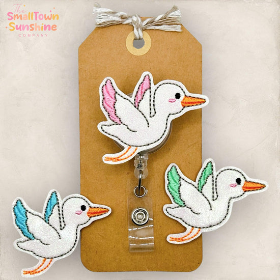 Flying Stork Retractable Badge Reel: L&D Nurse ID Holder, Name Tag, Topper, Coworker Gift, Lanyard, MRI Safe, Heavy Duty Options | GLITTER