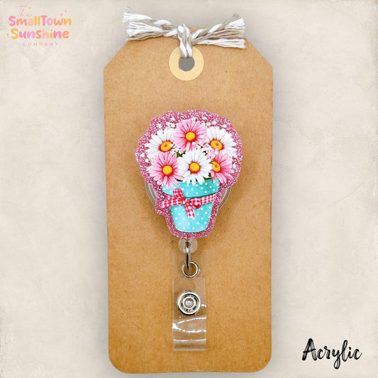 Pink Daisy Bouquet Retractable Badge Reel: Spring ID Holder, Name Tag, Topper, Coworker Gift, Lanyard, Heavy Duty Options | ACRYLIC GLITTER