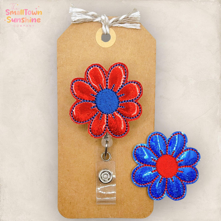 Patriotic Daisy Retractable Badge Reel: Flower ID Holder, Name Tag, Swappable Topper, Coworker Gift, Lanyard, MRI Safe, Heavy Duty Options