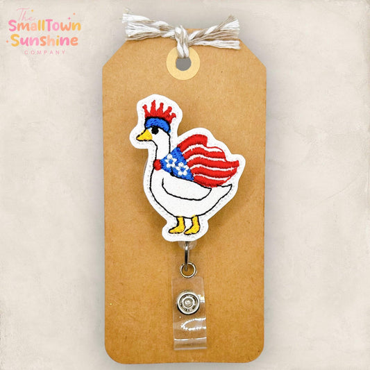 American Flag Goose Retractable Badge Reel: July 4th ID Holder, Name Tag, Topper, Coworker Gift, Lanyard, MRI Safe, Heavy Duty | GLITTER