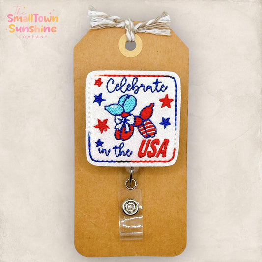 Celebrate in the USA Retractable Badge Reel: Balloon Dog Id Holder, Name Tag, Topper, Coworker Gift, Lanyard, MRI Safe, Heavy Duty | GLITTER