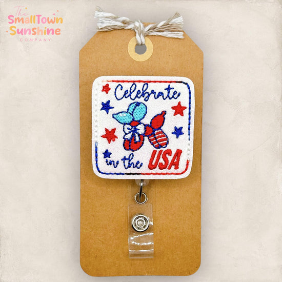 Celebrate in the USA Retractable Badge Reel: Balloon Dog Id Holder, Name Tag, Topper, Coworker Gift, Lanyard, MRI Safe, Heavy Duty | GLITTER