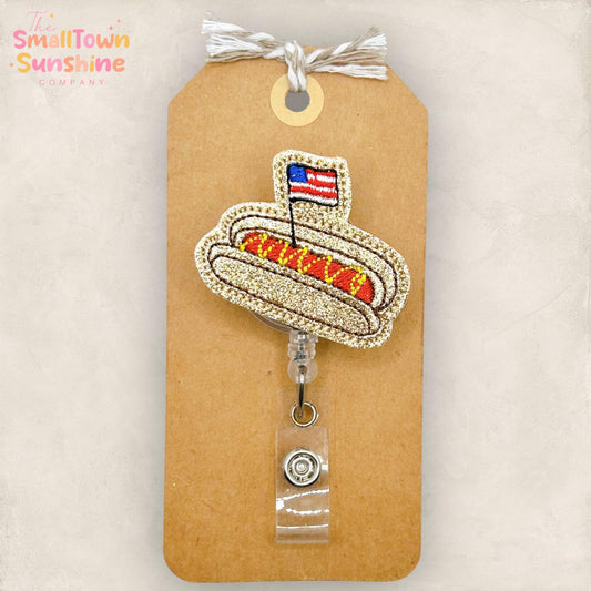 Patriotic Hot Dog Retractable Badge Reel: Fourth of July ID Holder, Name Tag, Topper, Coworker Gift, Lanyard, MRI Safe, Heavy Duty | GLITTER