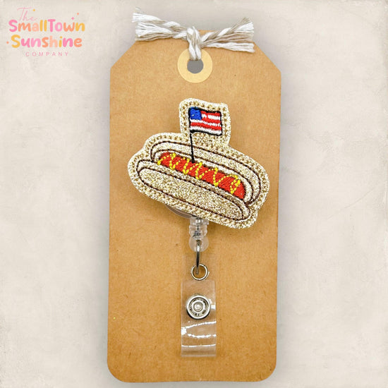 Patriotic Hot Dog Retractable Badge Reel: Fourth of July ID Holder, Name Tag, Topper, Coworker Gift, Lanyard, MRI Safe, Heavy Duty | GLITTER