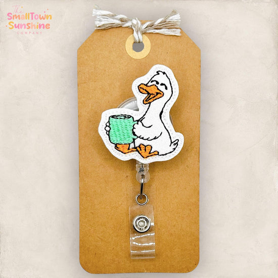 Goose with Coffee Retractable Badge Reel: Bird ID Holder, Name Tag, Topper, Coworker Gift, Lanyard, MRI Safe, Heavy Duty Options | GLITTER