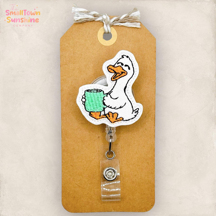 Goose with Coffee Retractable Badge Reel: Bird ID Holder, Name Tag, Topper, Coworker Gift, Lanyard, MRI Safe, Heavy Duty Options | GLITTER