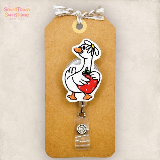 Strawberry Goose Retractable Badge Reel: Bird ID Holder, Name Tag, Topper, Coworker Gift, Lanyard, MRI Safe, Heavy Duty Options | GLITTER